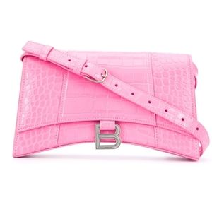 Balenciaga Hourglass Sling Shoulder Bag in Baby Pink Croc-Embossed Calf Leather